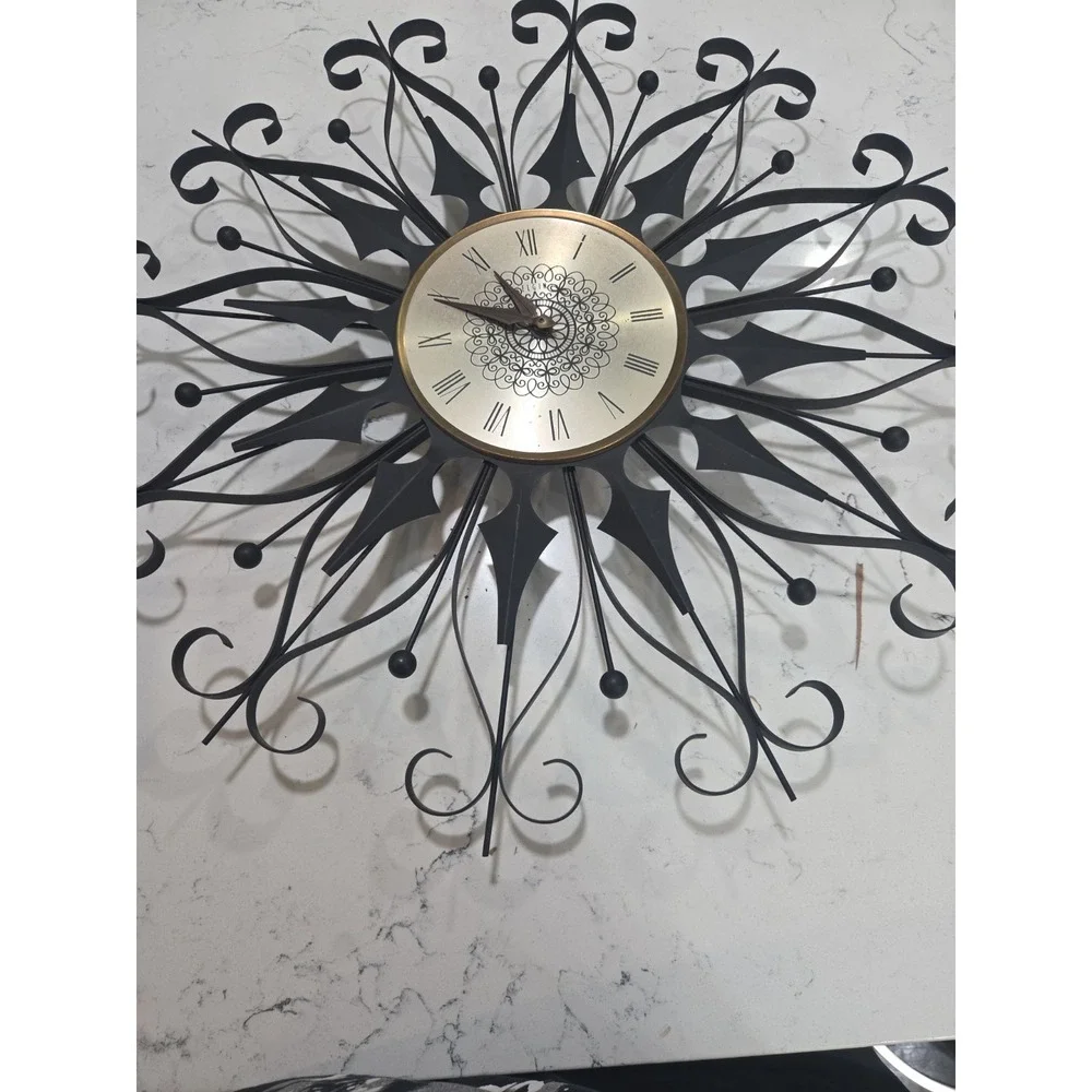 Elgin Mid Century Modern Black Wrought Iron Vintage Starburst Clock (working)